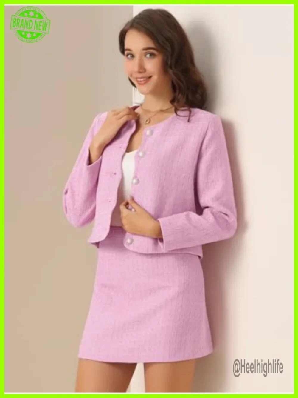 Women's 2 Piece Tweed Suit Set with Blazer and Skirt, Long Sleeve, Button